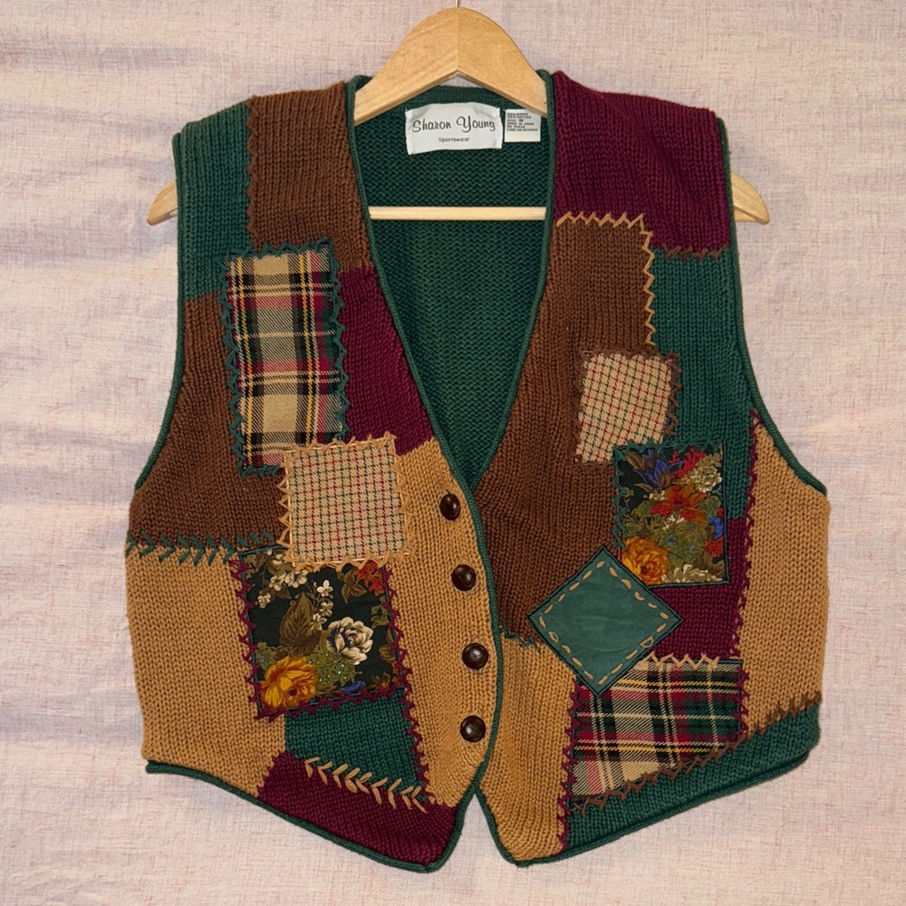 Sharon Young Multicolor Patchwork Quilt/Knit Vest - image 1